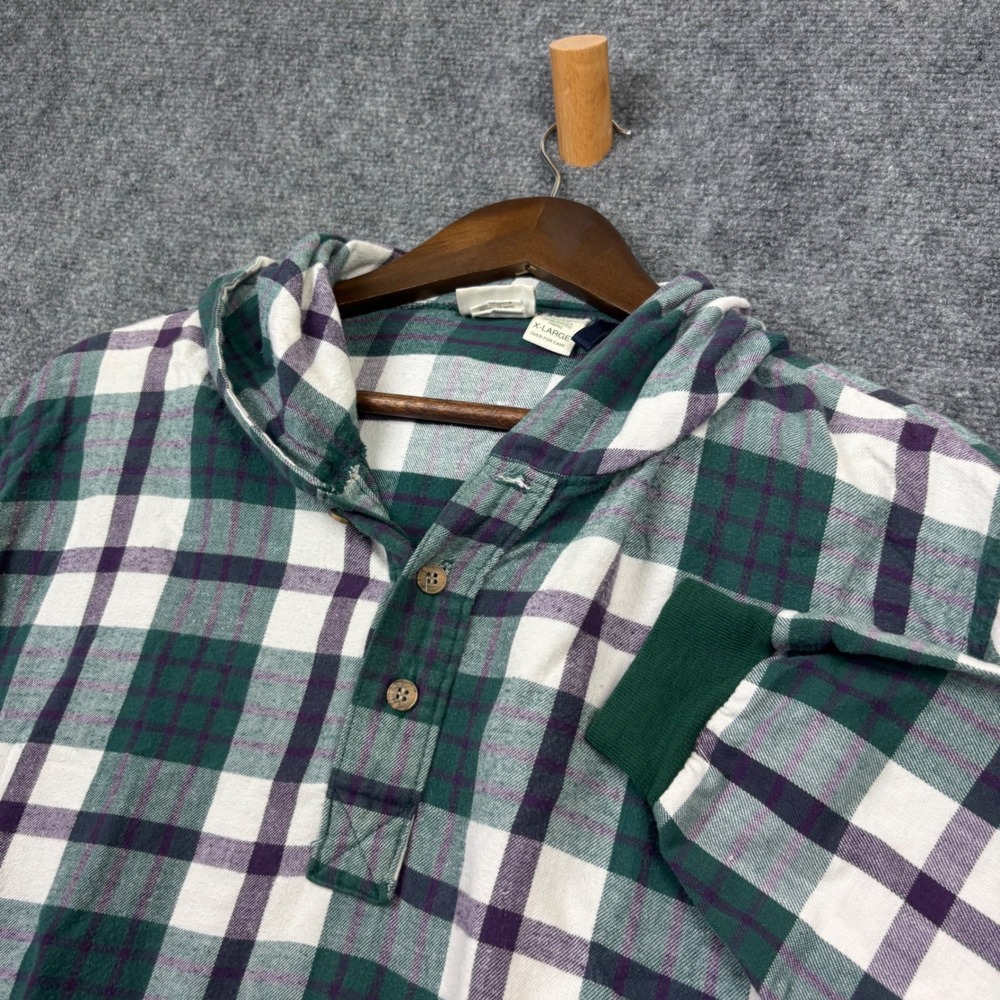 LL Bean Flannel Hoodie Kids XL Green Plaid Pullover Henley Made in USA Vintage
